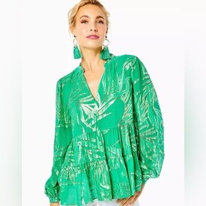 NWOT Lilly Pulitzer Sarita Long Sleeve Silk Top Blouse Ruffles Leaf Pattern 16